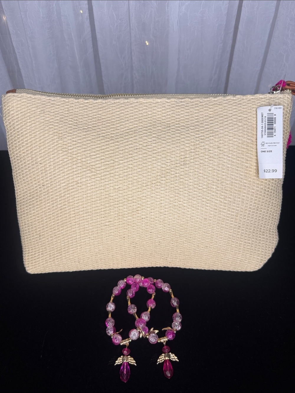 Old Navy Cream Straw Clutch with Pink Flamingo Embroidery and Pink Bracelets - Picture 2 of 6
